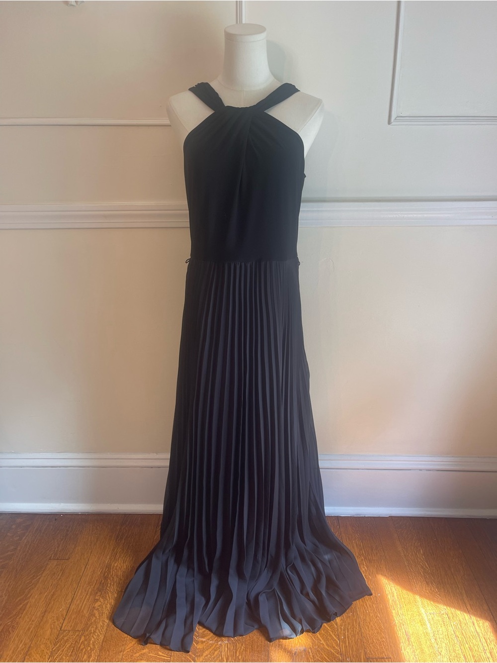 MARINA Black Pleated Halter Maxi Dress